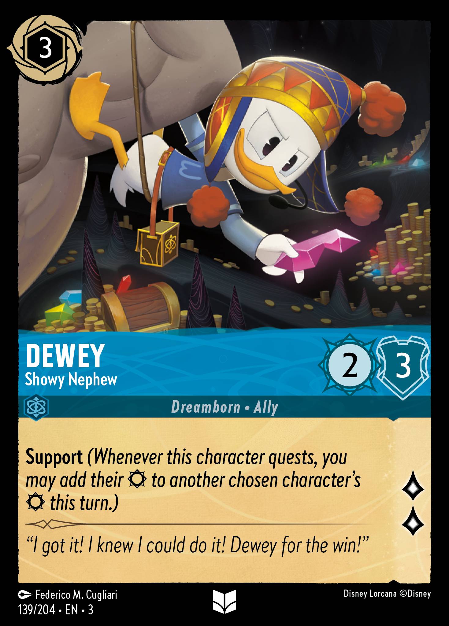Disney Lorcana Into the Inklands card #139 - Dewey - Showy Nephew (Cold Foil)