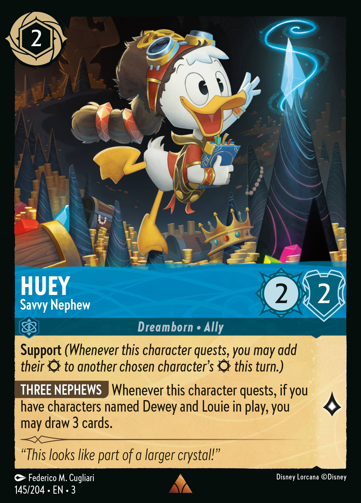 Disney Lorcana Into the Inklands card #145 - Huey - Savvy Nephew (Cold Foil)