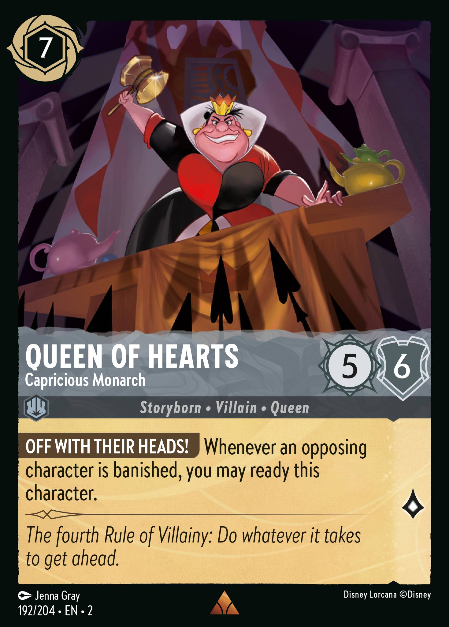 Disney Lorcana Rise of the Floodborn card #192 - Queen of Hearts - Capricious Monarch (Cold Foil)