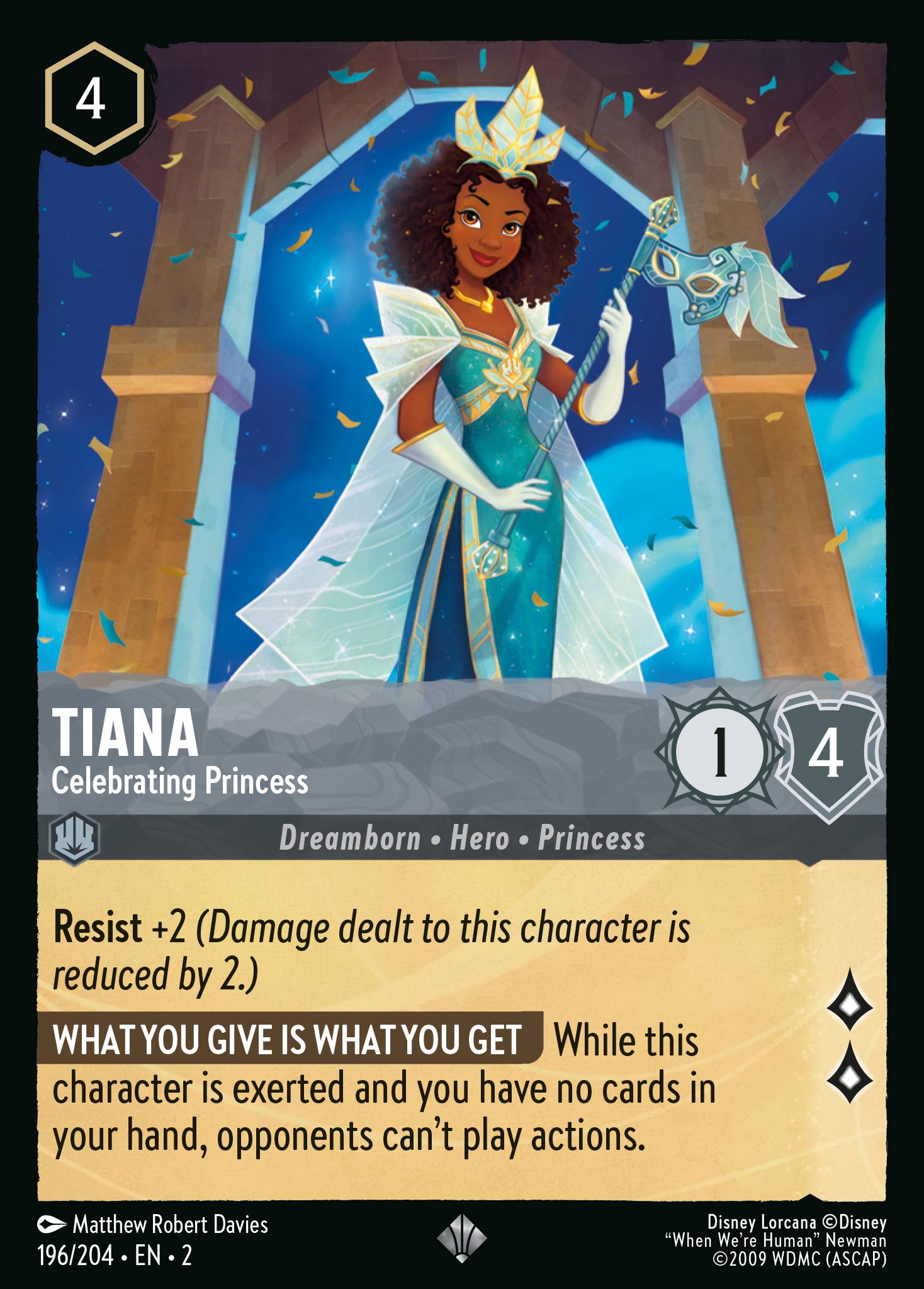 Disney Lorcana Rise of the Floodborn card #196 - Tiana - Celebrating Princess (Cold Foil)