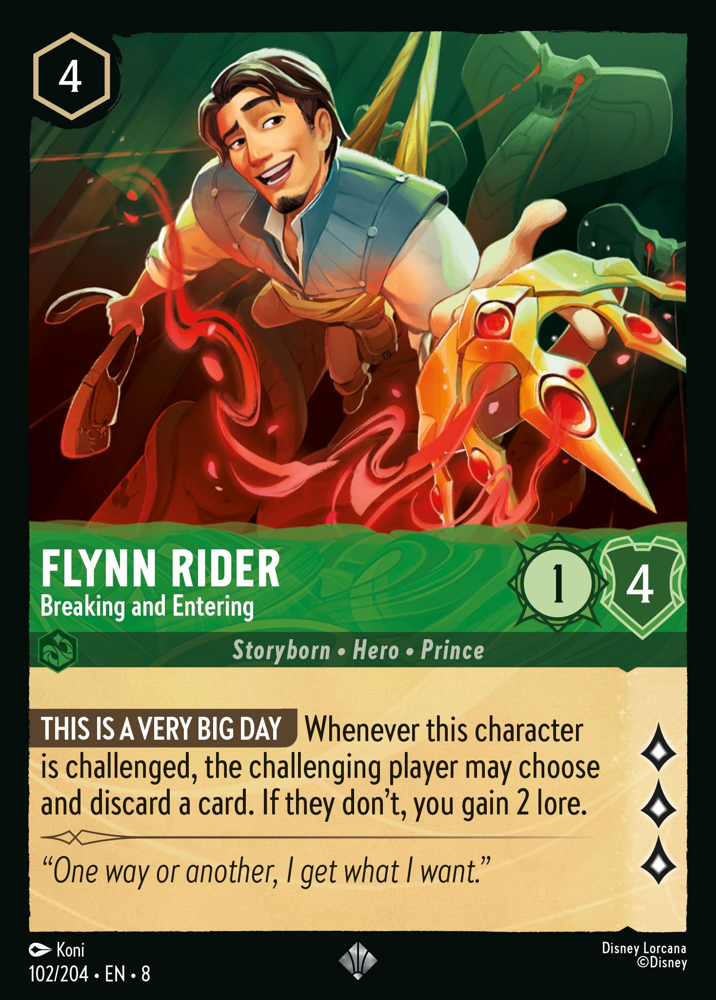Disney Lorcana The Reign of Jafar card #102 - Flynn Rider - Breaking and Entering (Cold Foil)