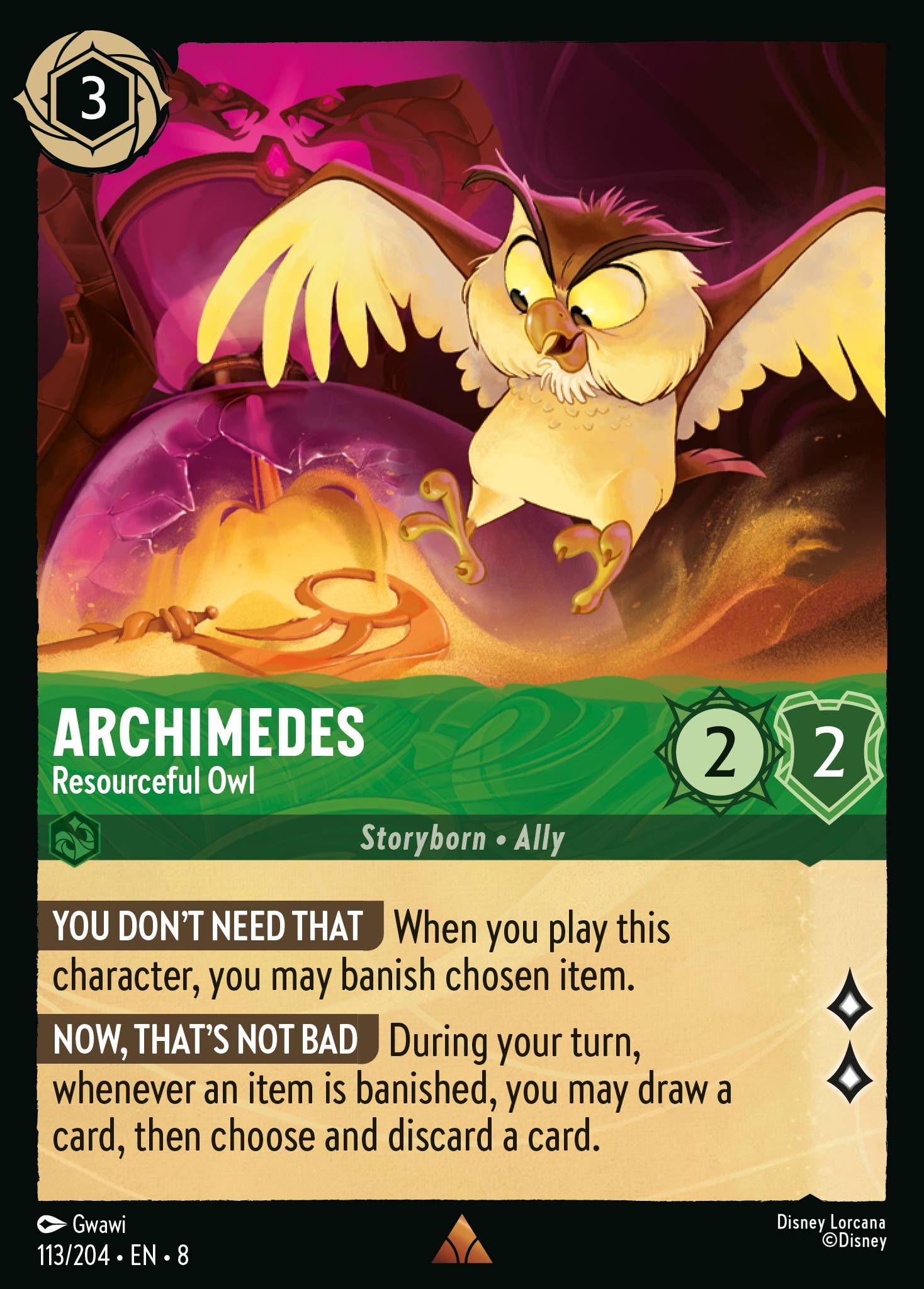 Disney Lorcana The Reign of Jafar card #113 - Archimedes - Resourceful Owl (Cold Foil)