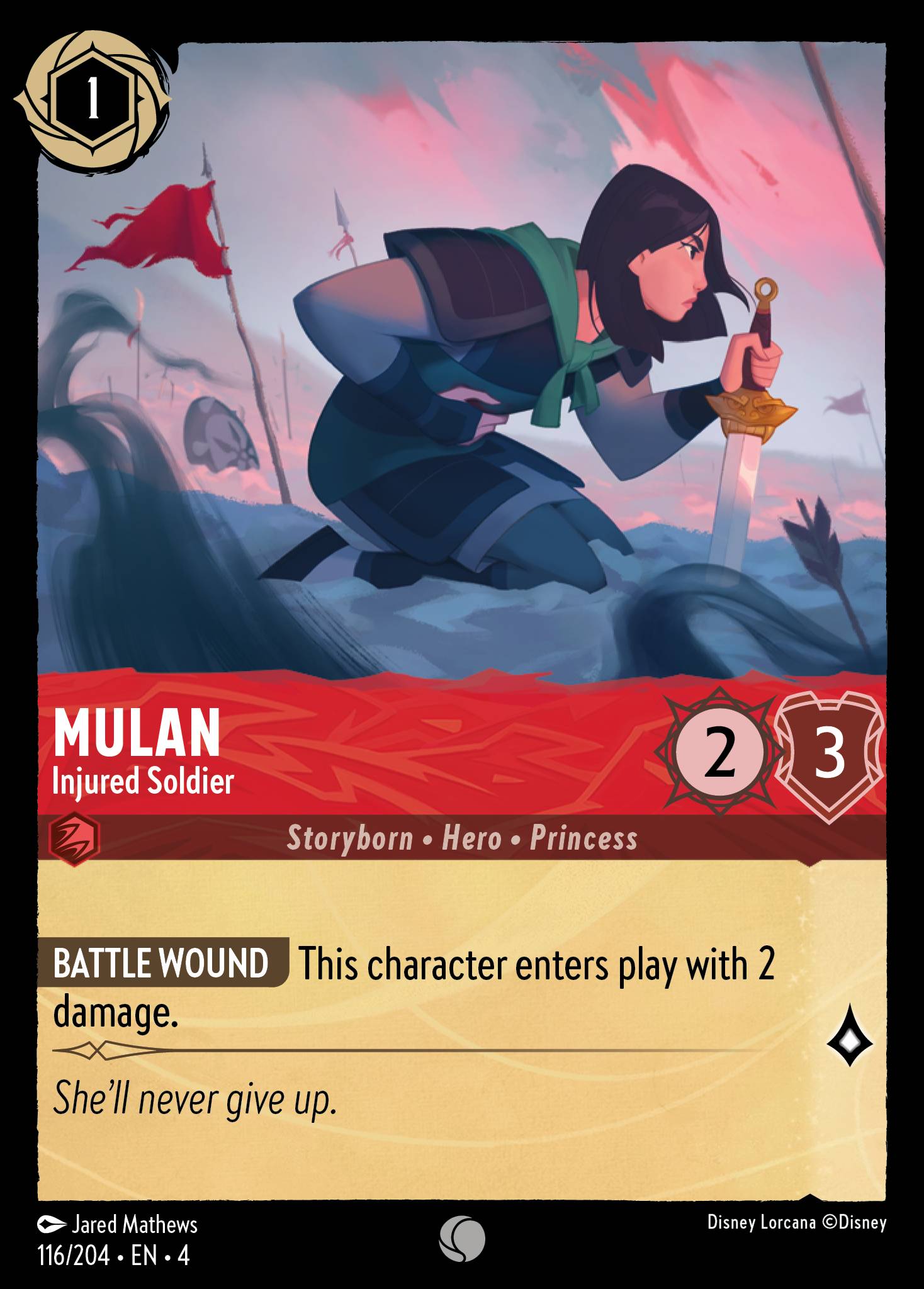 Disney Lorcana Ursula's Return card #116 - Mulan - Injured Soldier (Cold Foil)