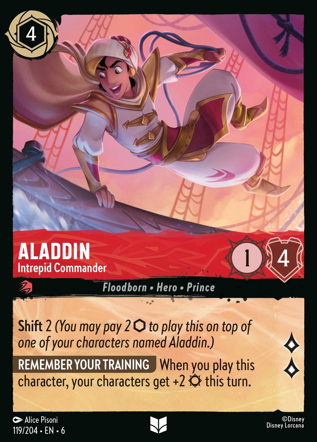 Disney Lorcana Azurite Sea card #119 - Aladdin - Intrepid Commander (Cold Foil)