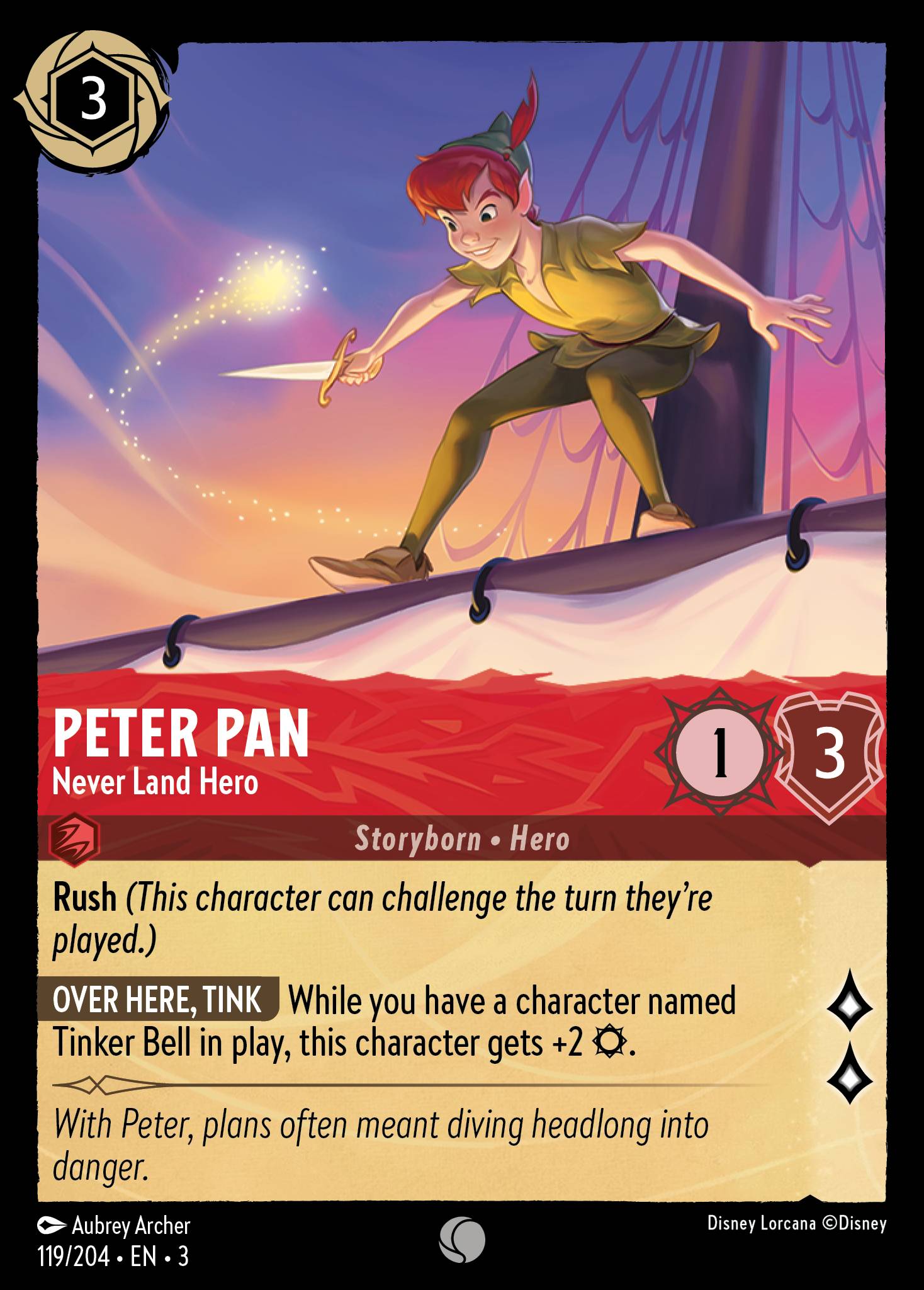Disney Lorcana Into the Inklands card #119 - Peter Pan - Never Land Hero (Cold Foil)