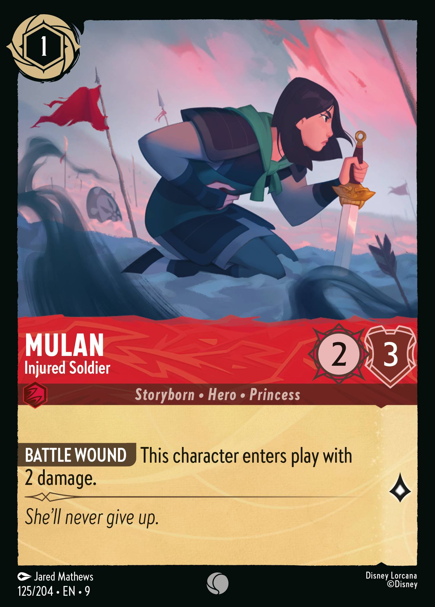 Disney Lorcana Fabled card #125 - Mulan - Injured Soldier (Non-Foil)