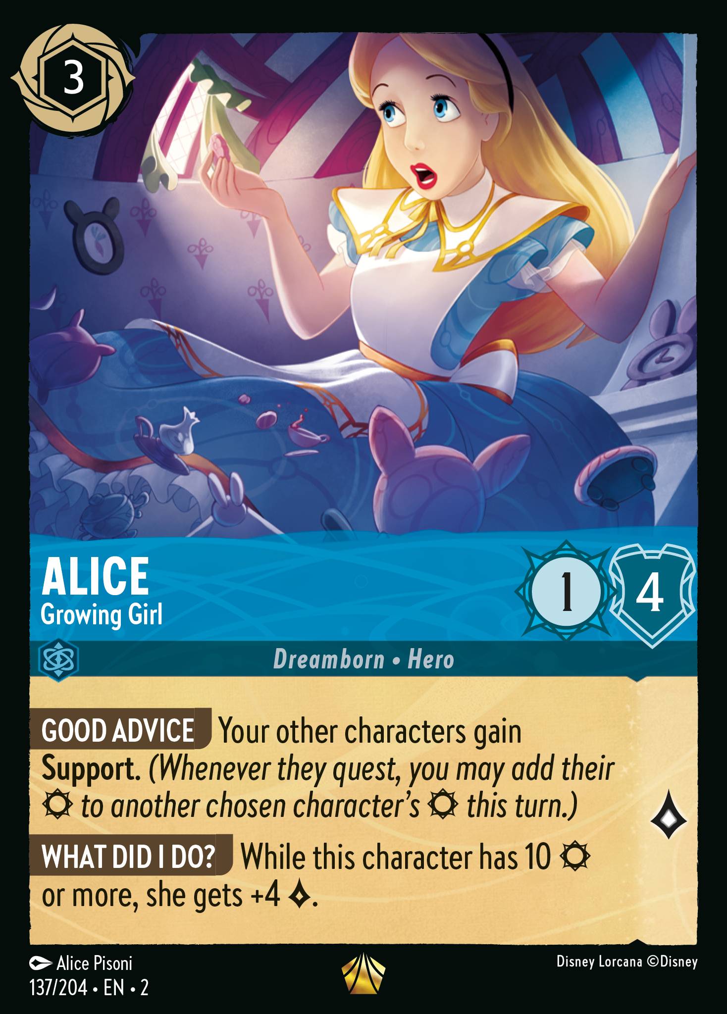 Disney Lorcana Rise of the Floodborn card #137 - Alice - Growing Girl (Cold Foil)