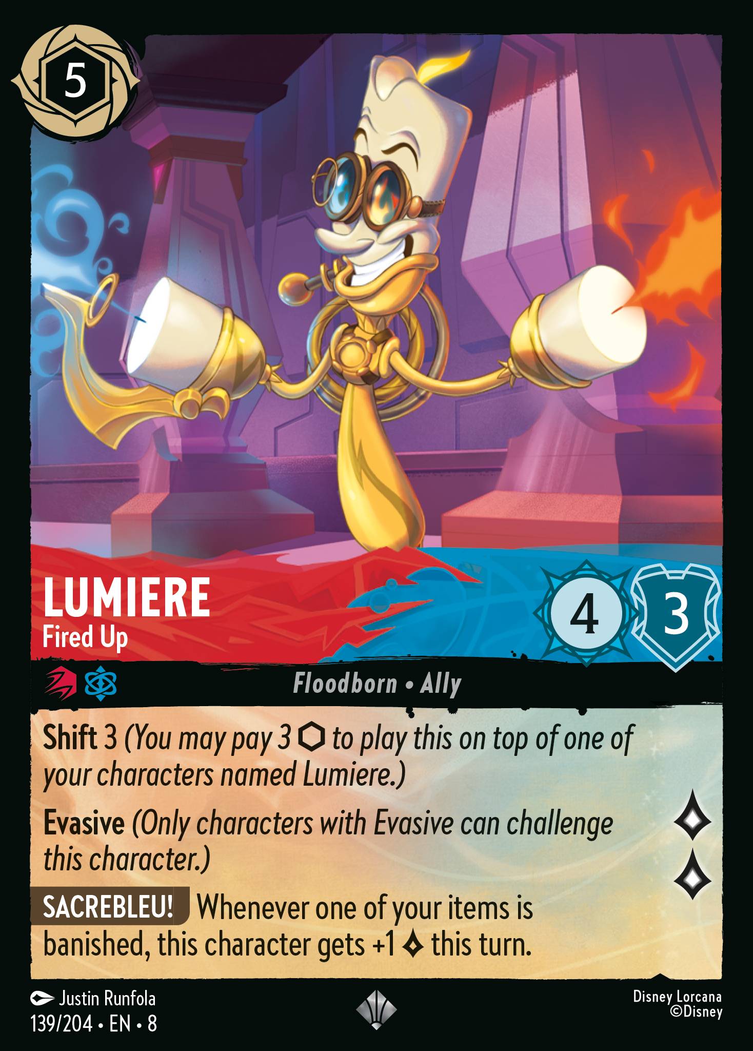 Disney Lorcana The Reign of Jafar card #139 - Lumiere - Fired Up (Cold Foil)