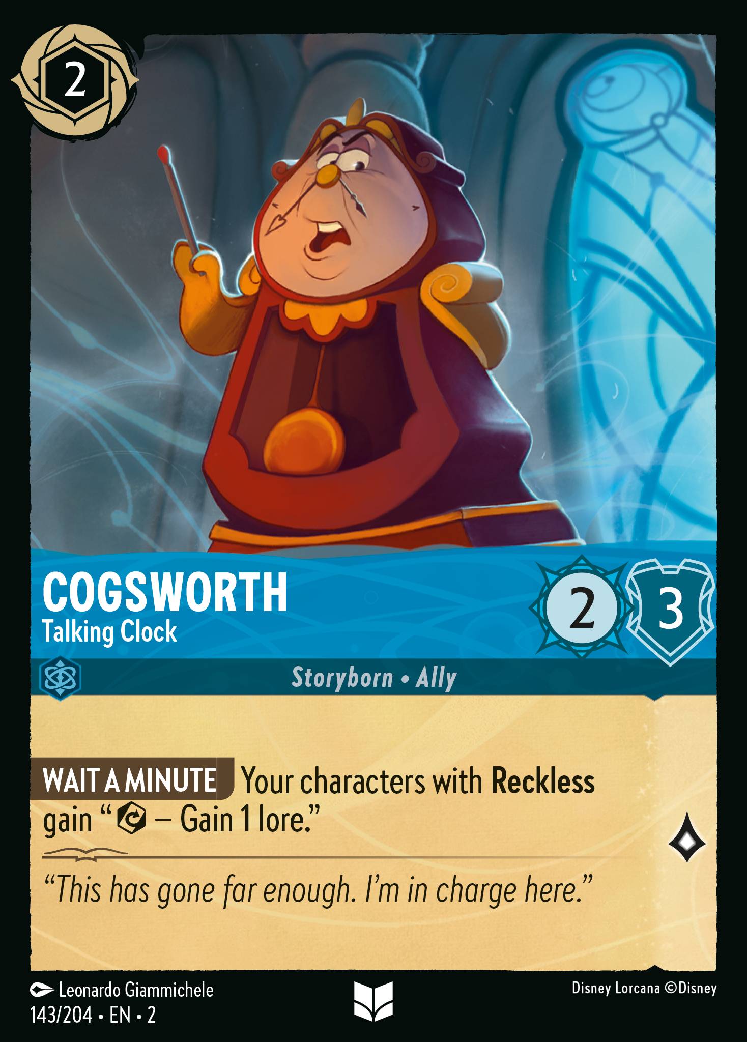 Disney Lorcana Rise of the Floodborn card #143 - Cogsworth - Talking Clock (Cold Foil)