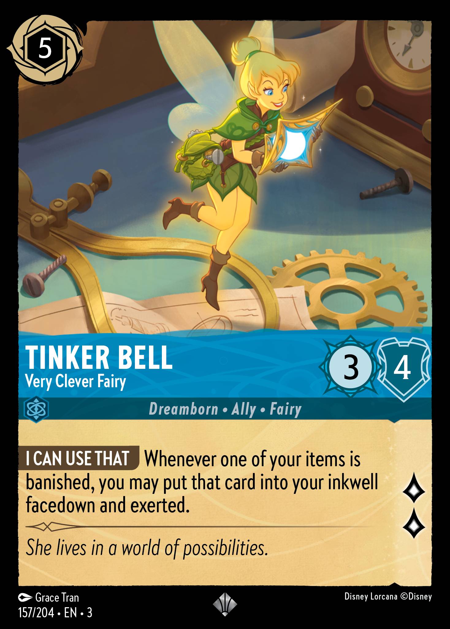 Disney Lorcana Into the Inklands card #157 - Tinker Bell - Very Clever Fairy (Cold Foil)