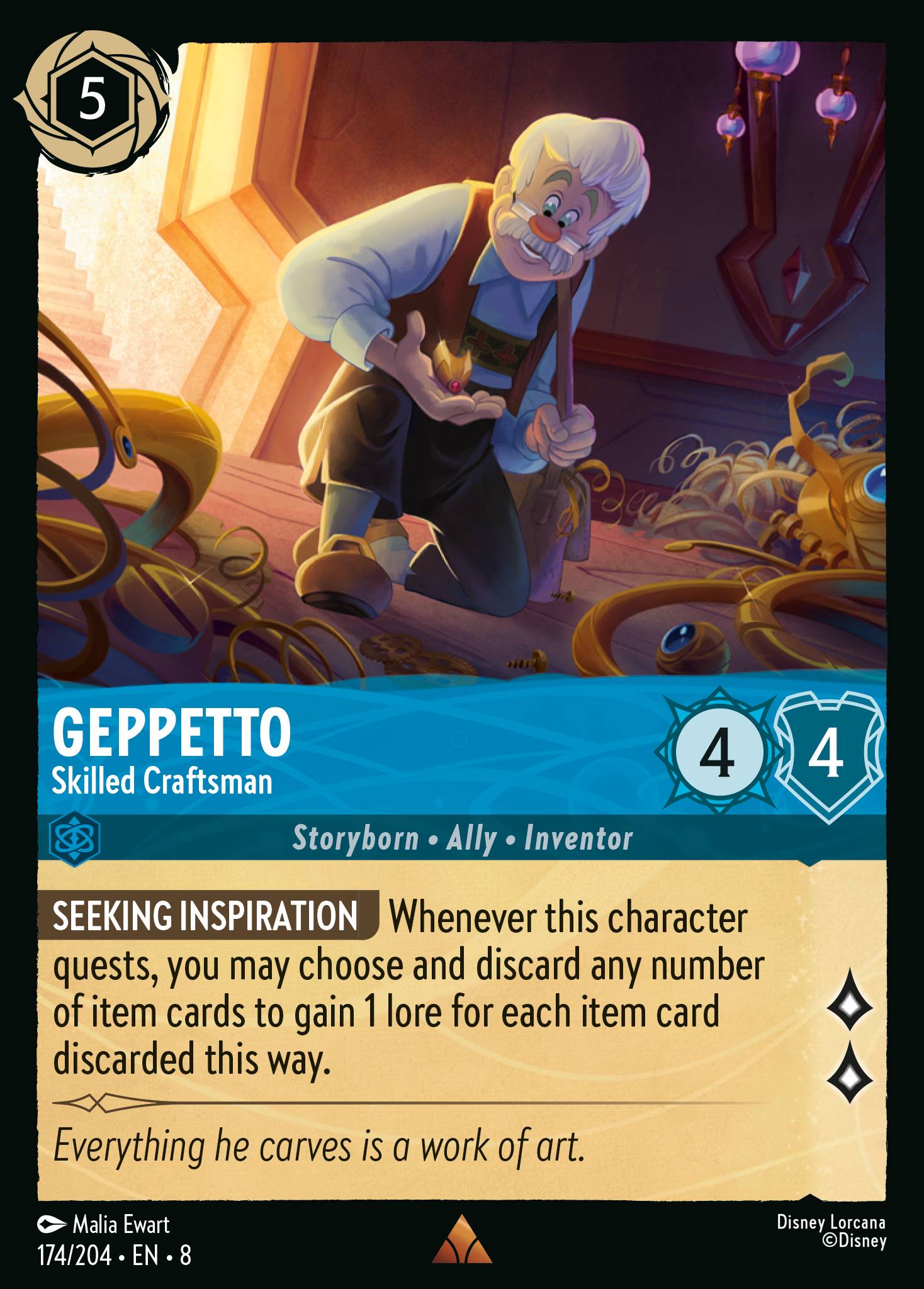 Disney Lorcana The Reign of Jafar card #174 - Geppetto - Skilled Craftsman (Cold Foil)