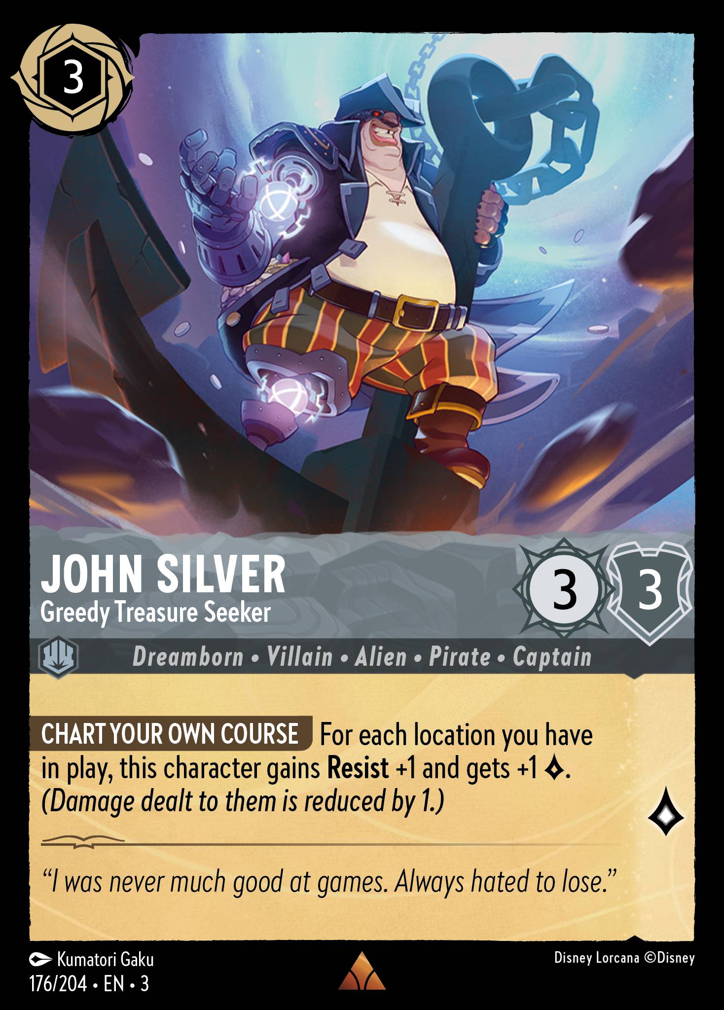Disney Lorcana Into the Inklands card #176 - John Silver - Greedy Treasure Seeker (Cold Foil)