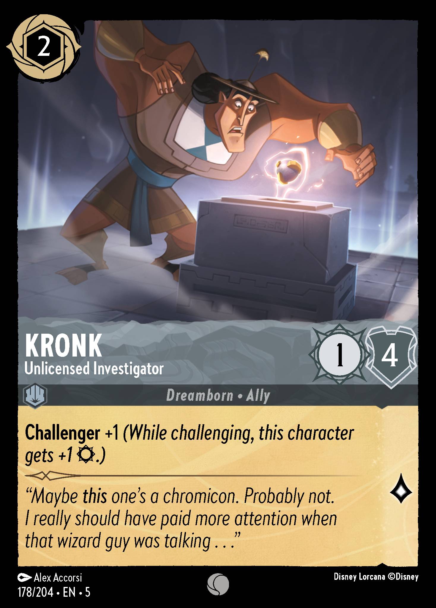 Disney Lorcana Shimmering Skies card #178 - Kronk - Unlicensed Investigator (Cold Foil)