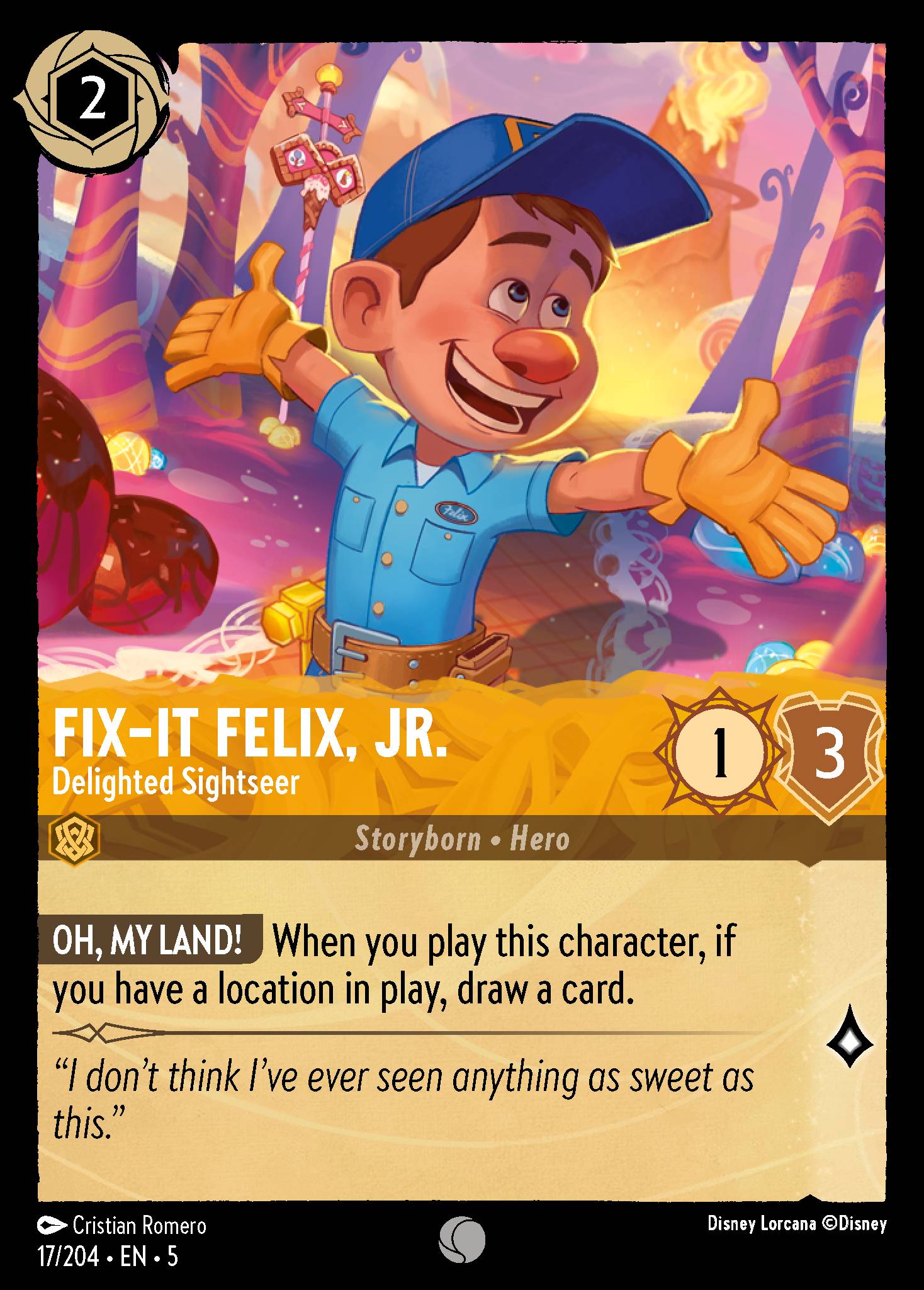 Disney Lorcana Shimmering Skies card #17 - Fix-It Felix, Jr. - Delighted Sightseer (Cold Foil)