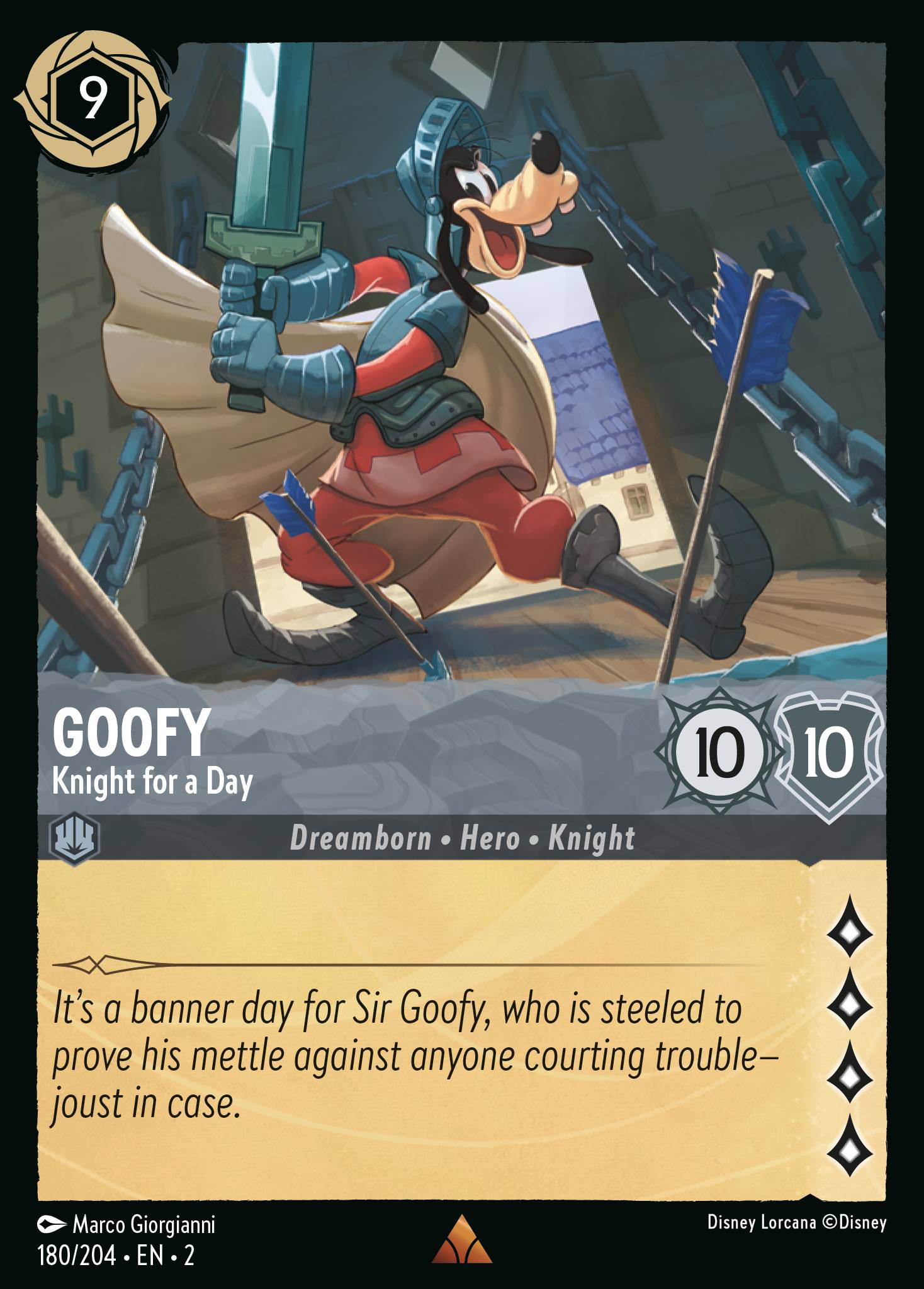 Disney Lorcana Rise of the Floodborn card #180 - Goofy - Knight for a Day (Cold Foil)