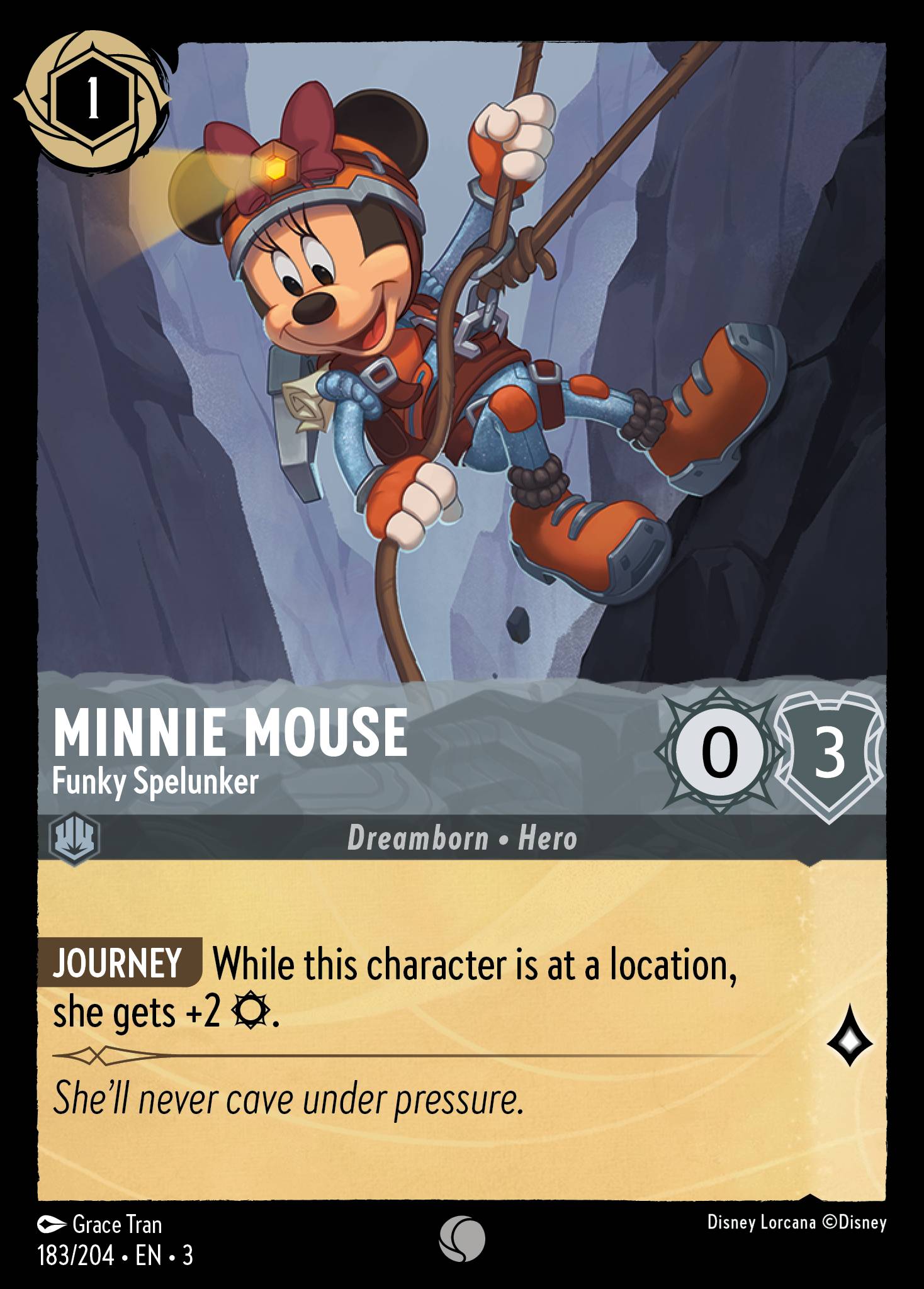 Disney Lorcana Into the Inklands card #183 - Minnie Mouse - Funky Spelunker (Cold Foil)