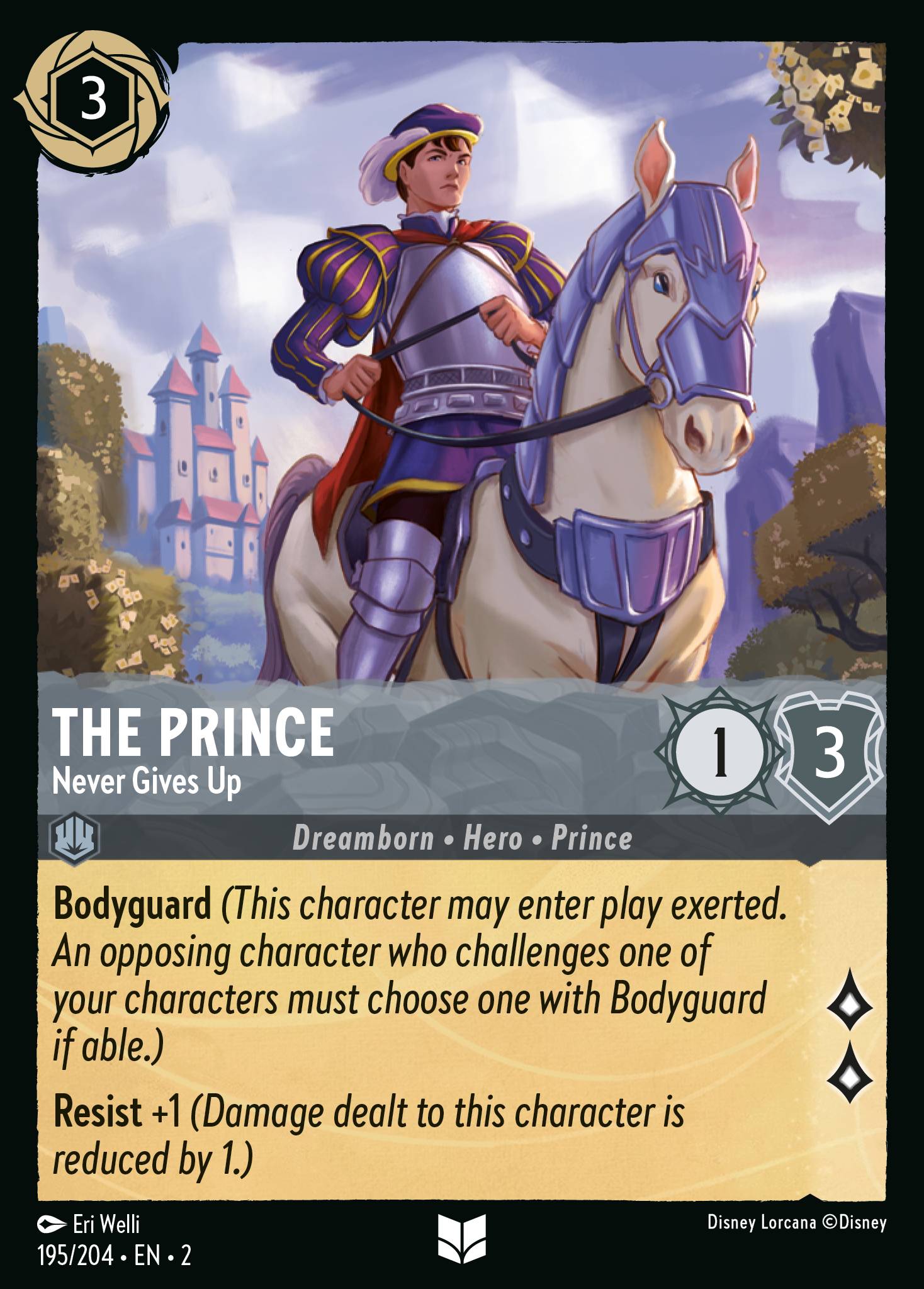 Disney Lorcana Rise of the Floodborn card #195 - The Prince - Never Gives Up (Cold Foil)