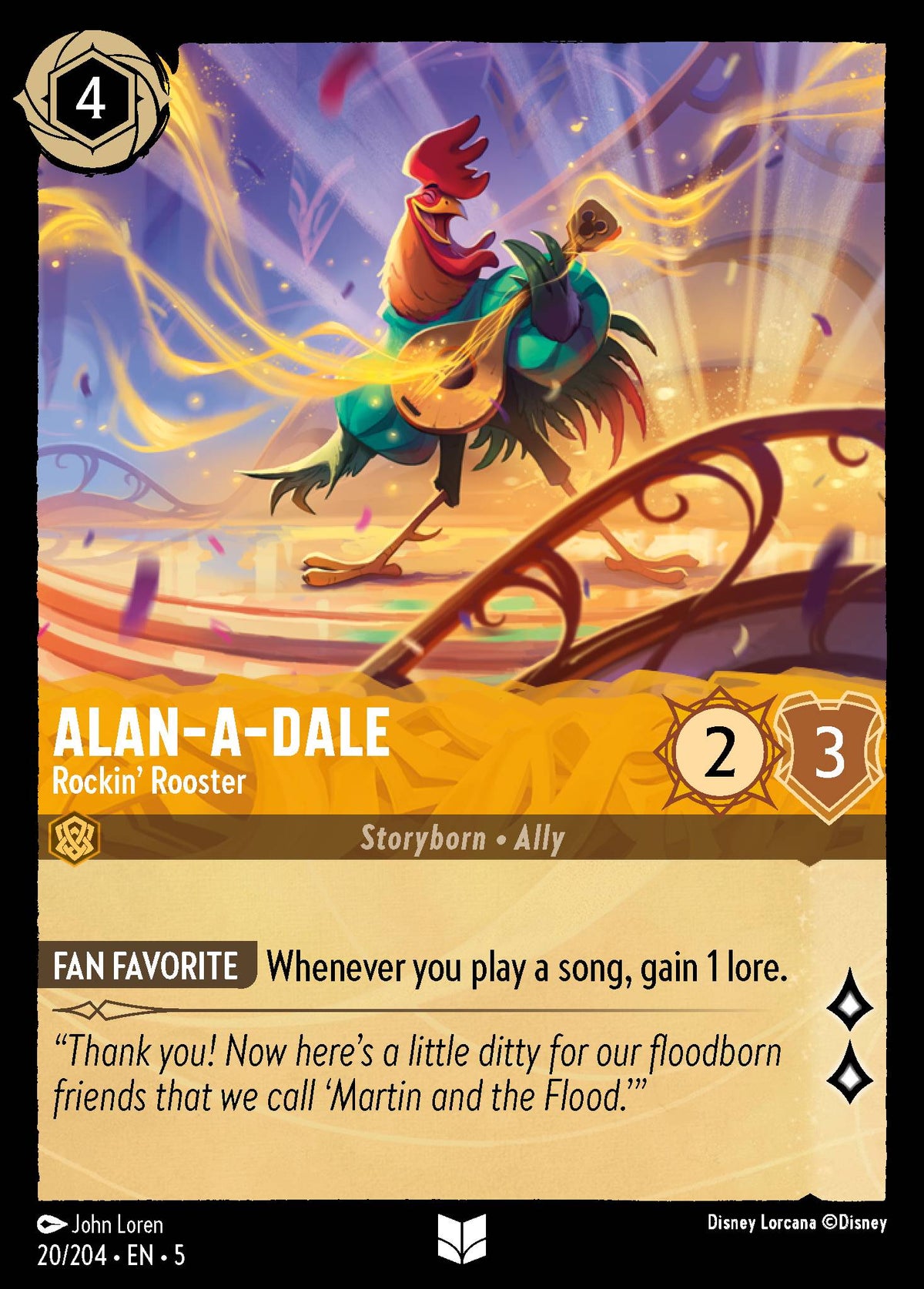 Disney Lorcana Shimmering Skies card #20 - Alan-a-Dale - Rockin' Rooster (Cold Foil)