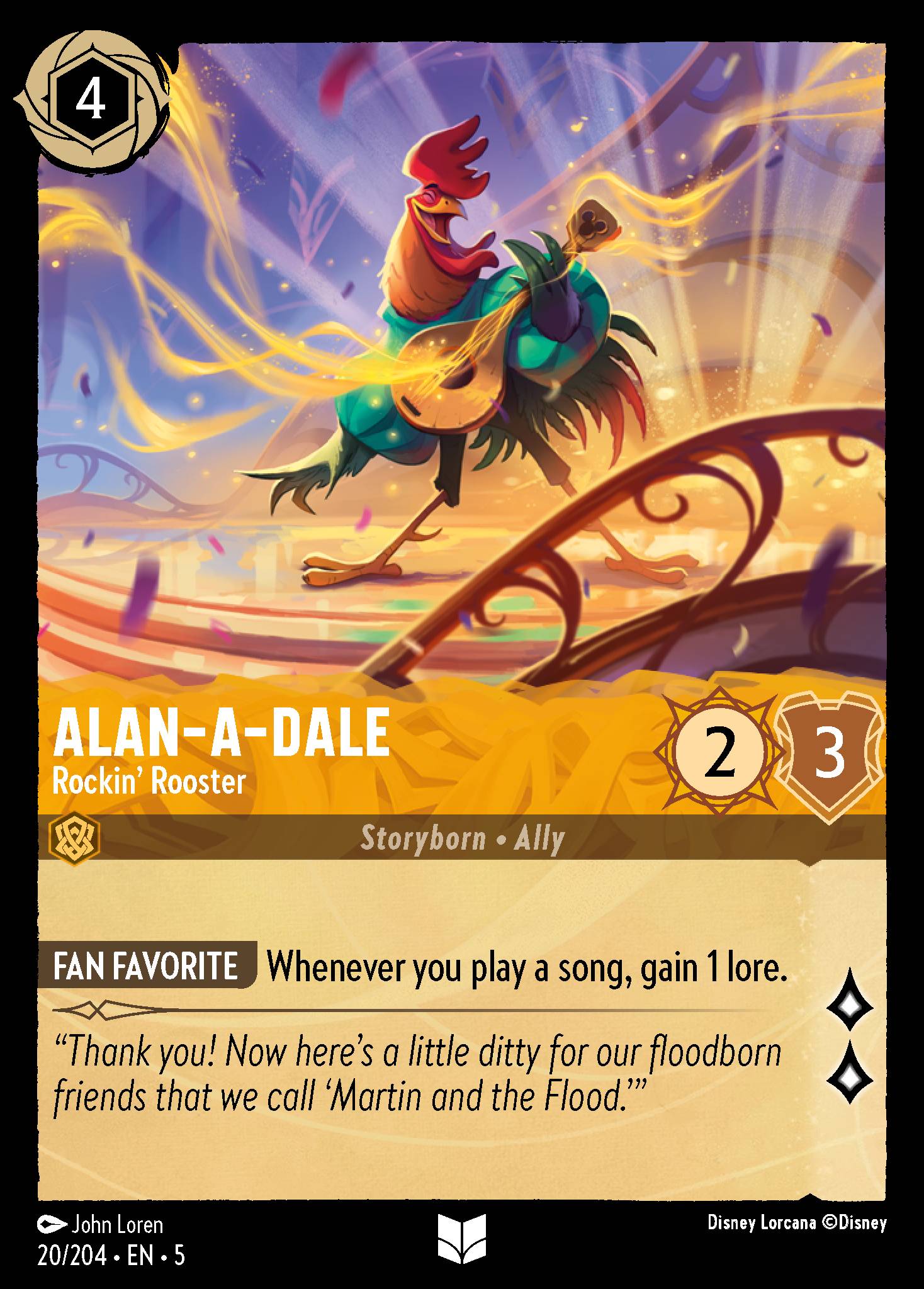 Disney Lorcana Shimmering Skies card #20 - Alan-a-Dale - Rockin' Rooster (Cold Foil)