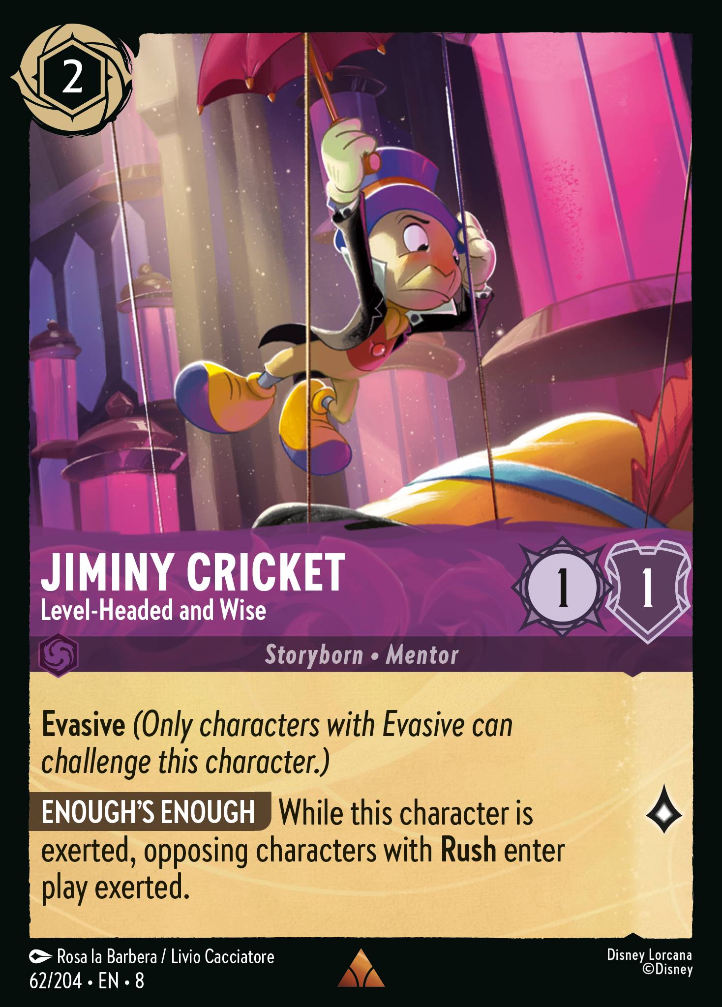 Disney Lorcana The Reign of Jafar card #62 - Jiminy Cricket - Level-Headed and Wise (Cold Foil)