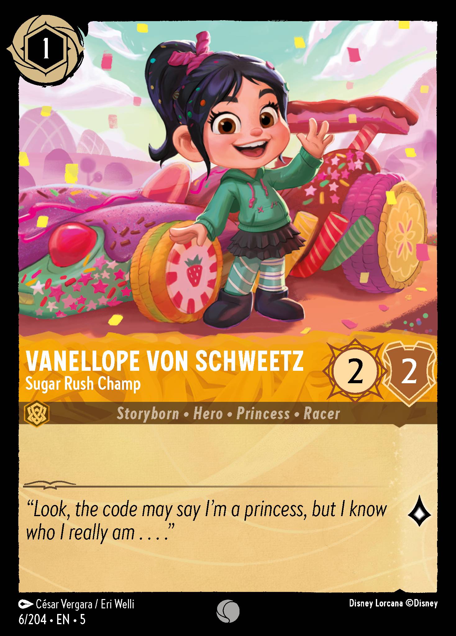 Disney Lorcana Shimmering Skies card #6 - Vanellope von Schweetz - Sugar Rush Champ (Cold Foil)
